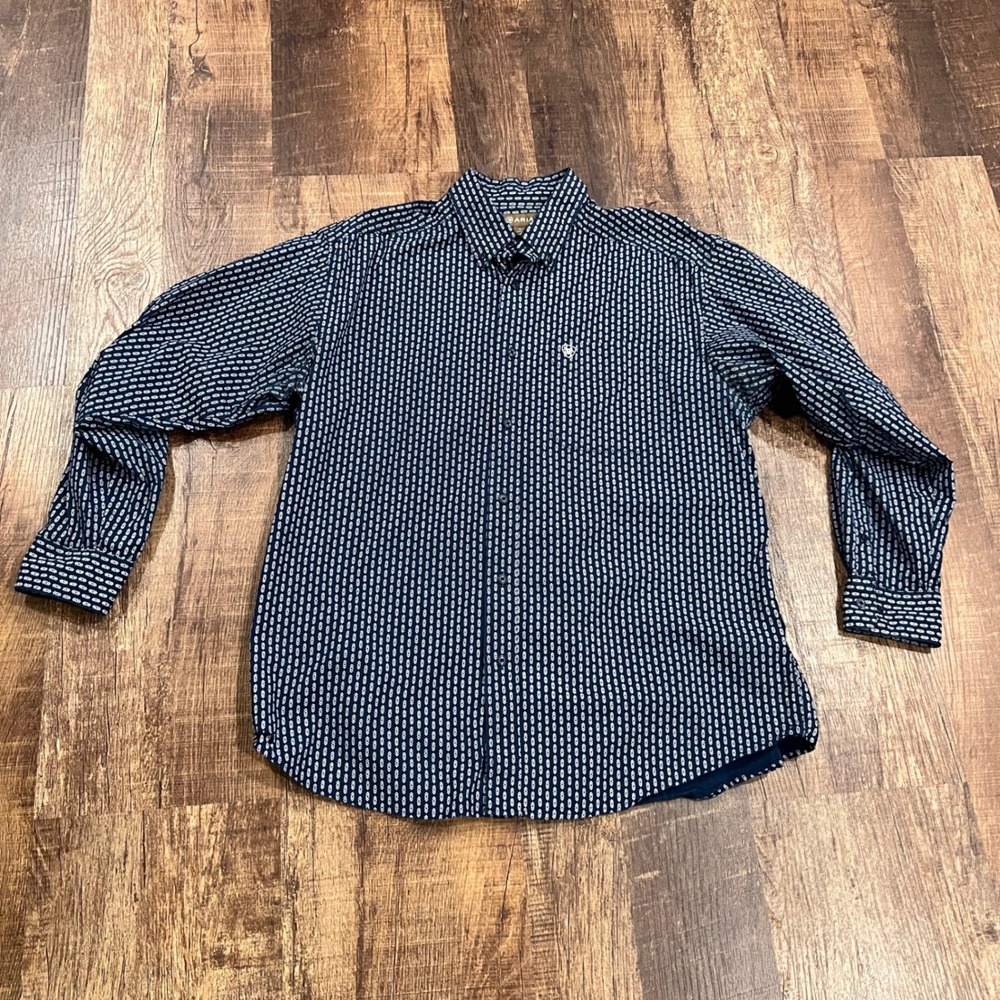 Ariat Mens XL Fitted Stretch Long Sleeve Shirt Mens Sargas Print Navy Blue - Picture 2 of 8